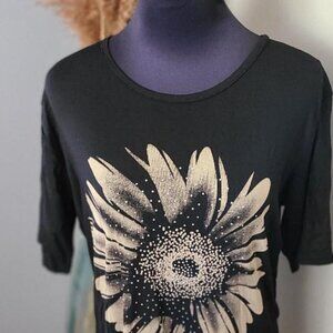 TRÏBE Sunflower Print Black 3/4 Sleeve Cotton Tee With Rhinestone Detail Size OS